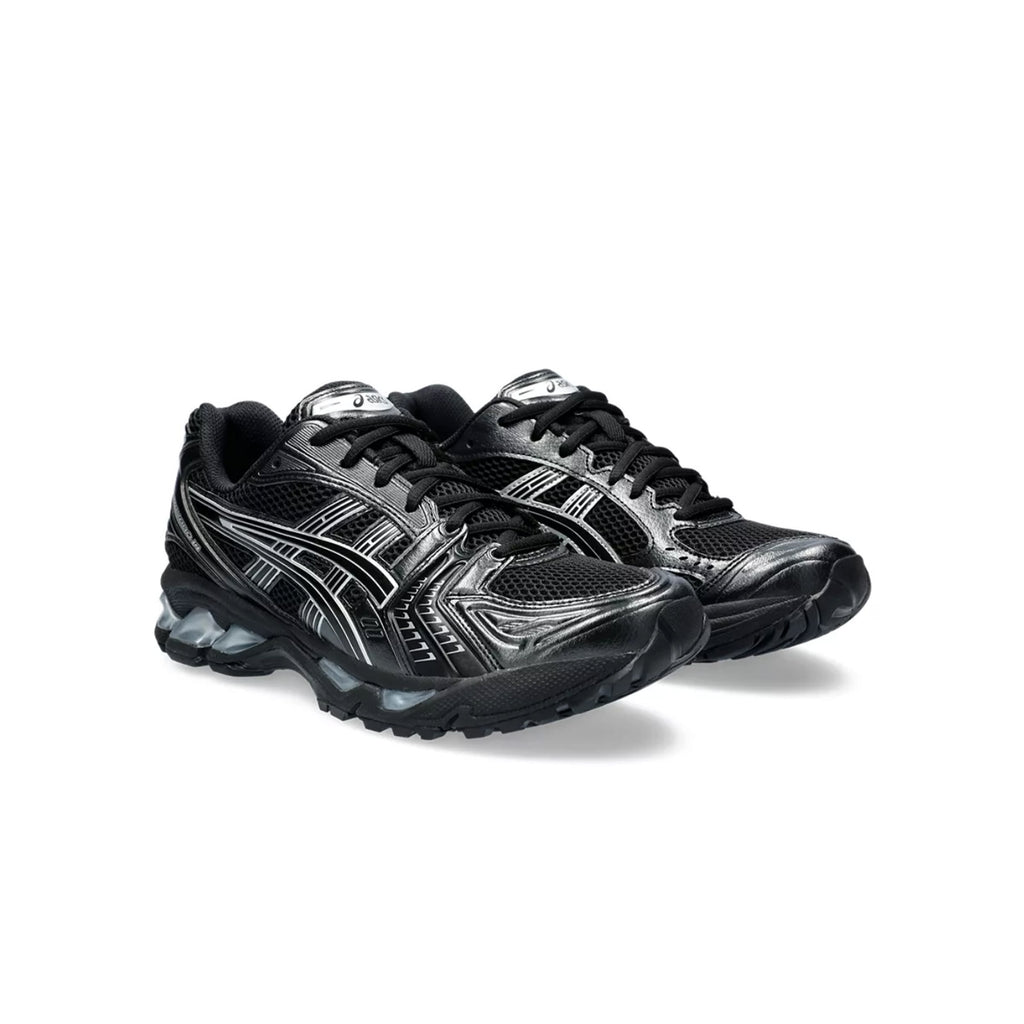 Asics Gel-Kayano 14 three-quarter angle black sneaker with silver details