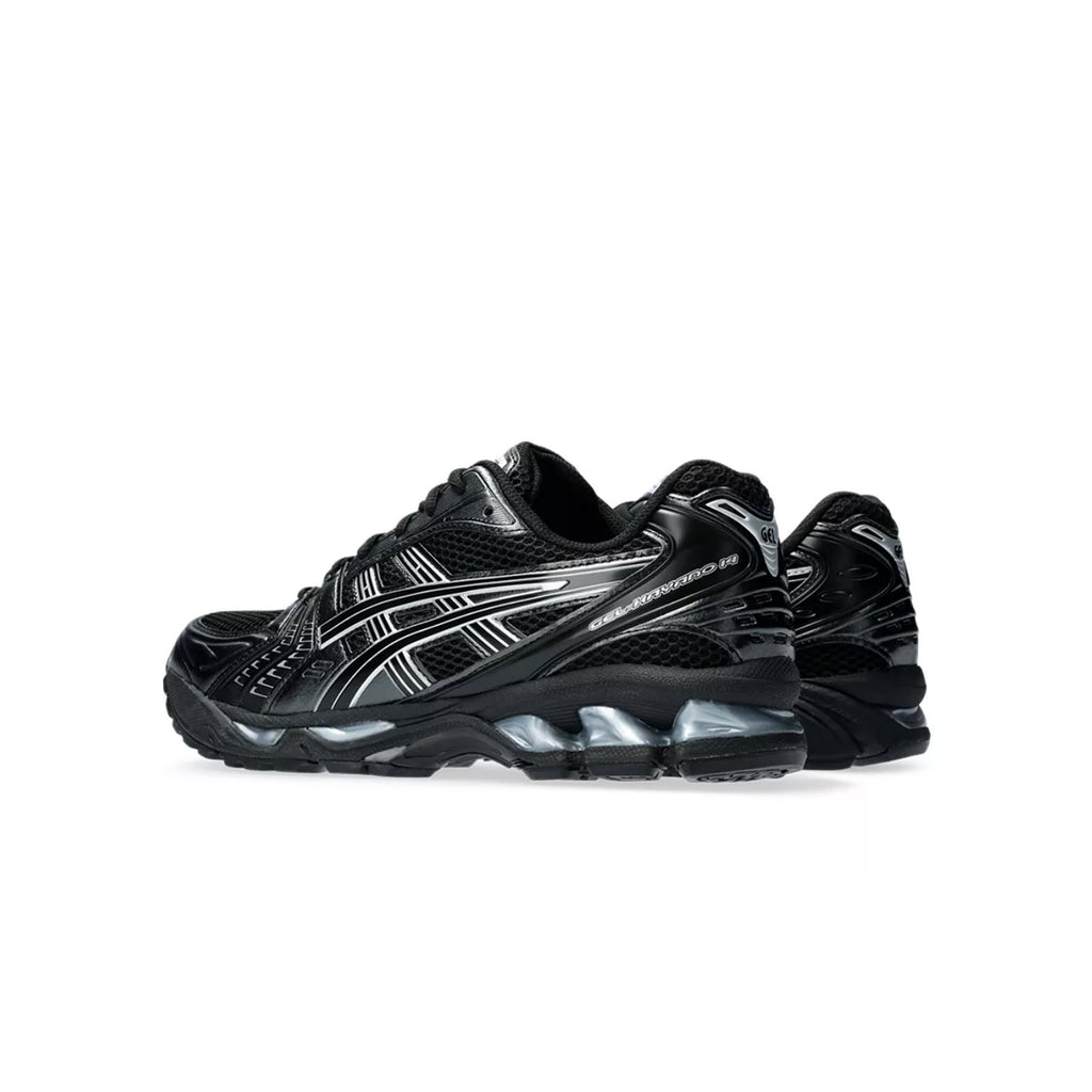 Asics Gel-Kayano 14 rear three-quarter view black and silver heel design
