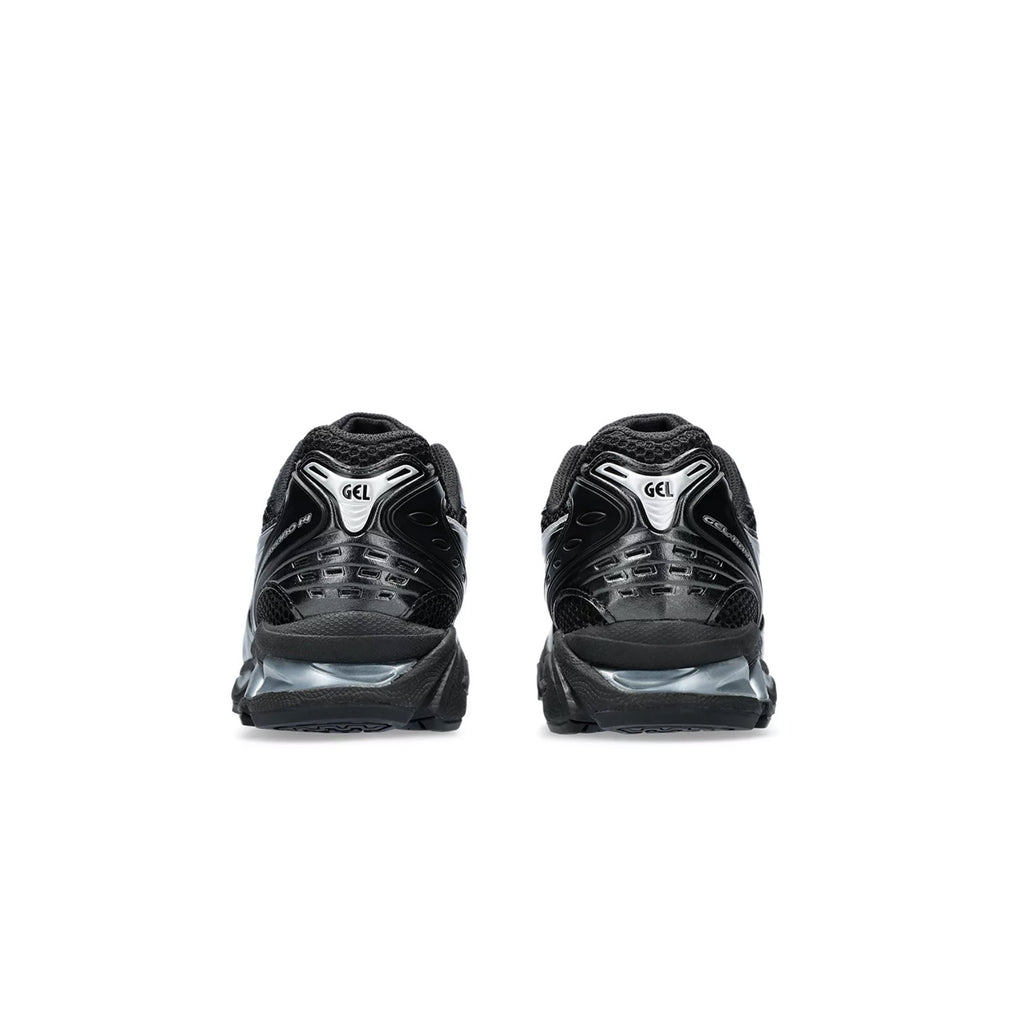 Asics Gel-Kayano 14 rear view heel support in black and pure silver