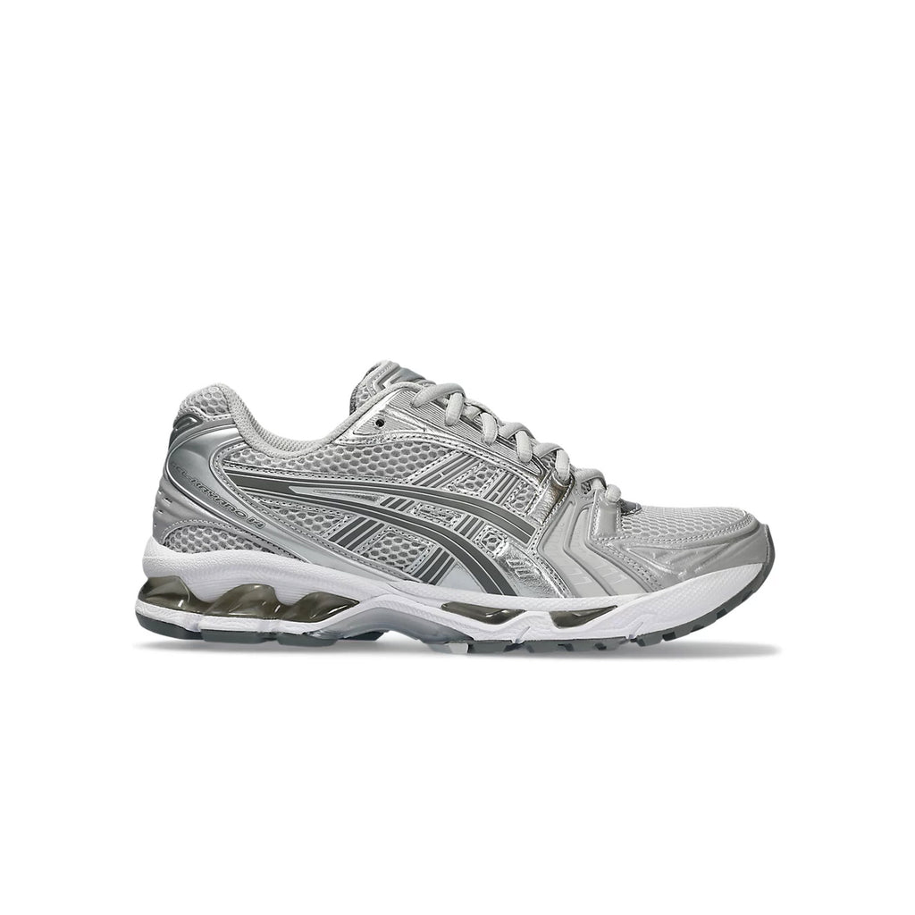 Asics Gel-Kayano 14 side profile in cloud grey and clay grey