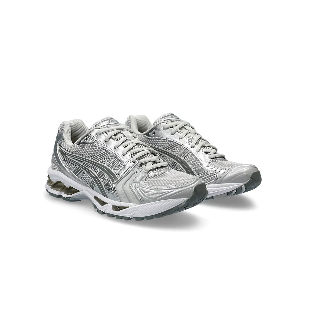 Asics Gel-Kayano 14 angled view cloud and clay grey tones