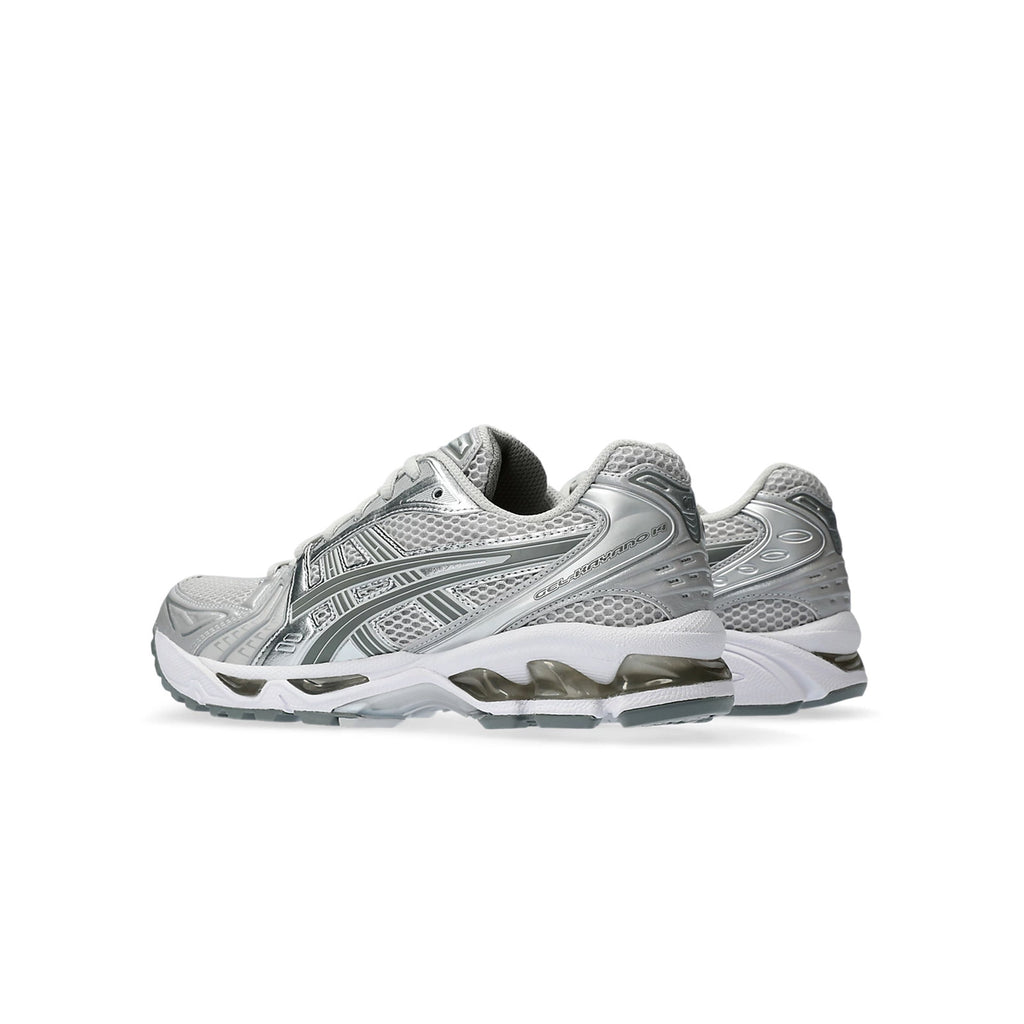 Asics Gel-Kayano 14 angled rear view heel detail grey