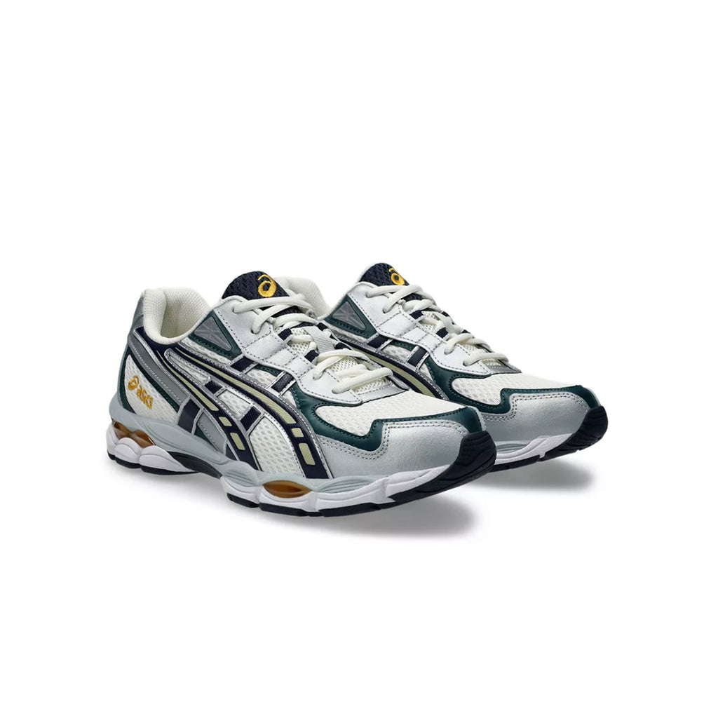 Three-quarter front view of ASICS GEL-NYC 2055 in Cream Midnight colorway