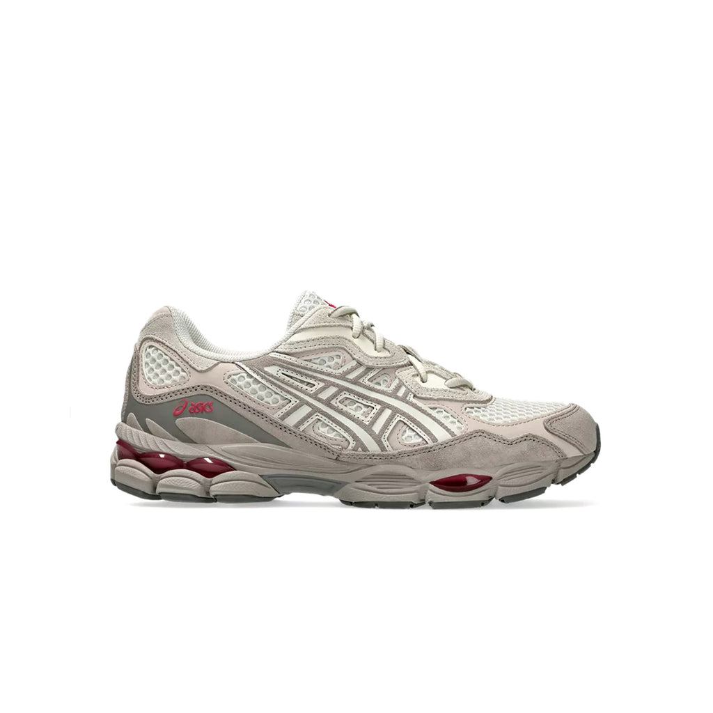 Side view of ASICS GEL-NYC 2055 in Cream Moonrock with layered upper
