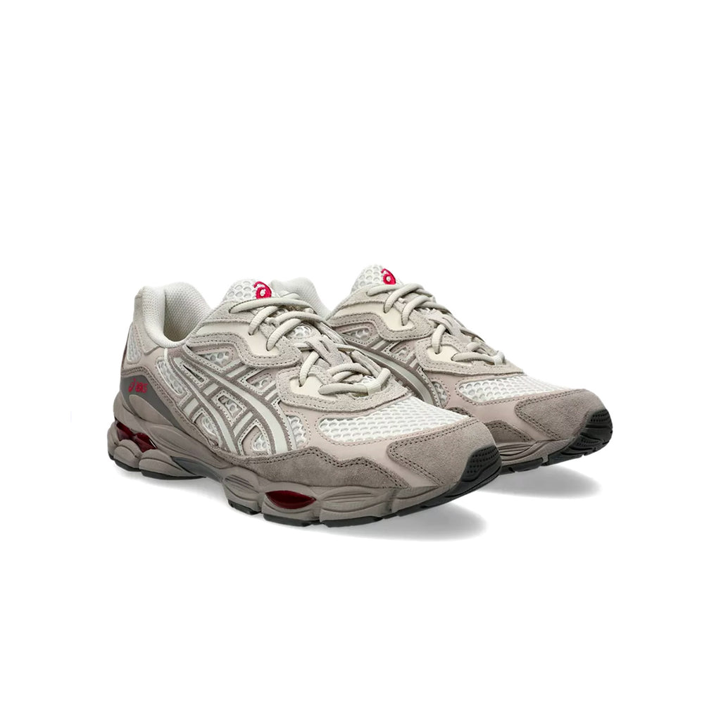 Three-quarter front angle of ASICS GEL-NYC 2055 in neutral Cream Moonrock tones