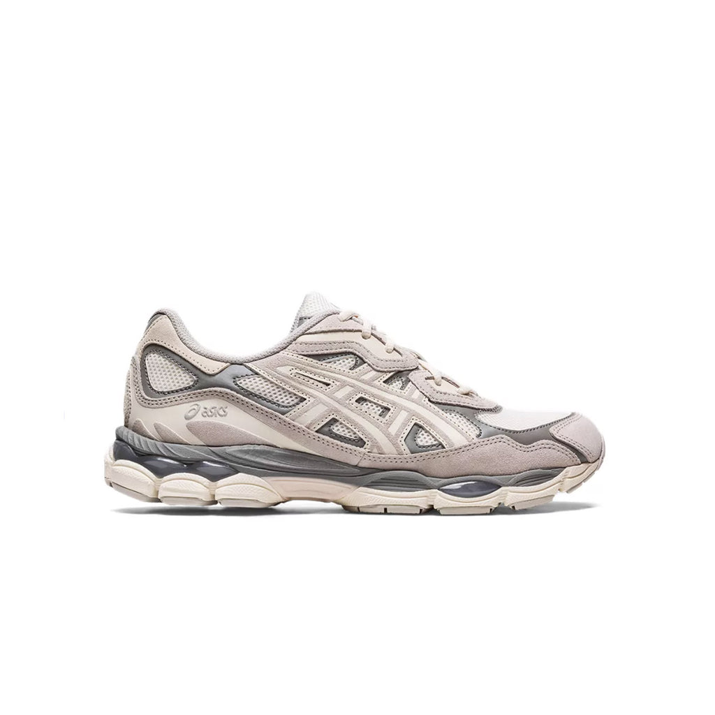 Side view of Asics Gel-NYC sneakers in cream and oyster grey with retro design and Gel cushioning