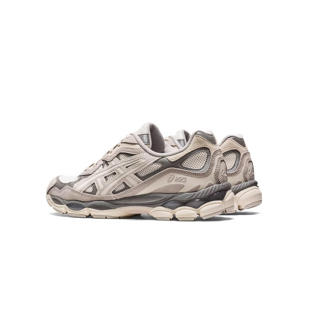 Back view of Asics Gel-NYC sneakers in cream and oyster grey with retro design and Gel cushioning