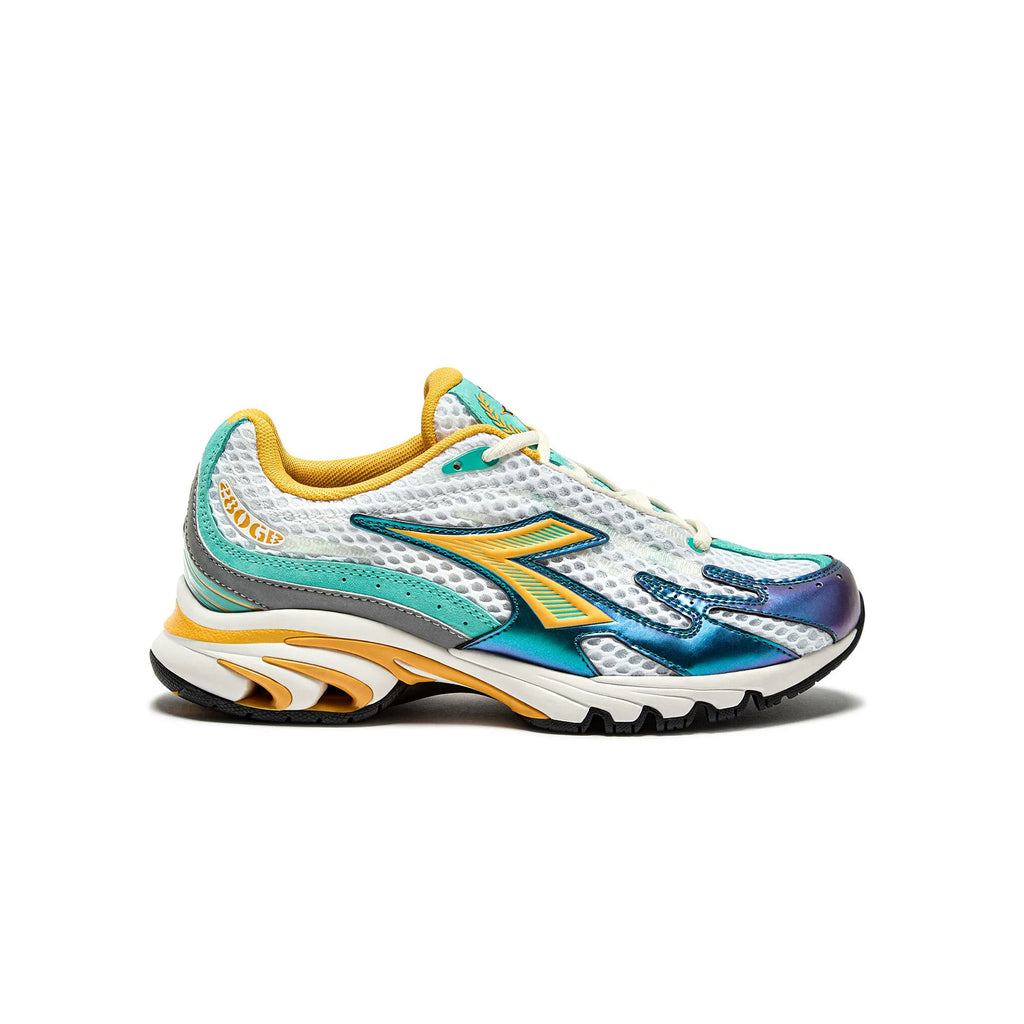 Side view of Diadora Mythos Propulsion 280 Scarab – vibrant turquoise running sneakers with bold color accents