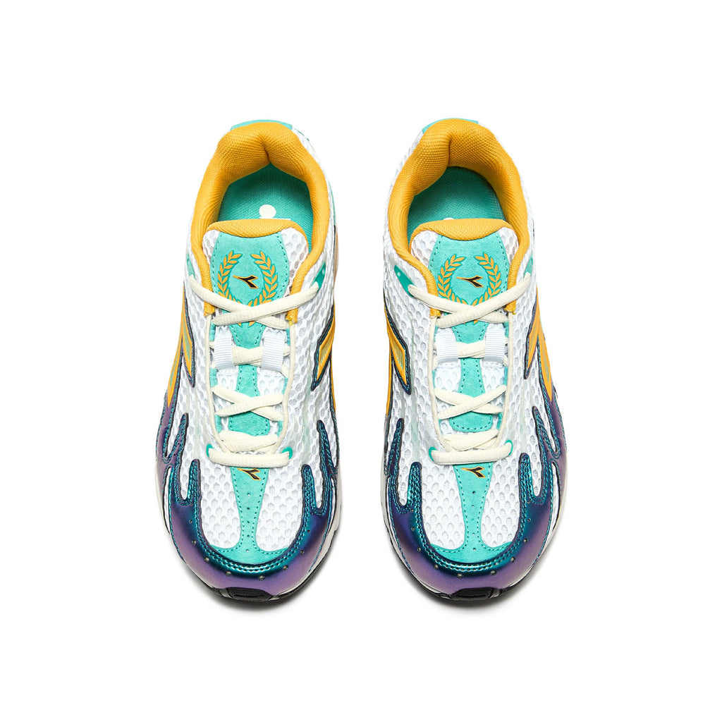 Top view of Diadora Mythos Propulsion 280 – dynamic turquoise sneakers with neon accents and sporty silhouette