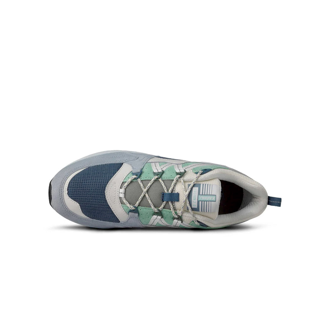 "Top view of Karhu Fusion 2.0 Pearl Blue – visible tongue branding, lacing system and padded collar