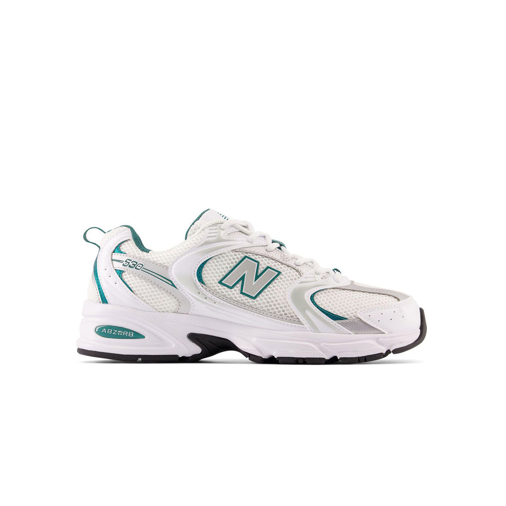 New Balance 530 AB side view – white and silver retro running sneakers with ABZORB cushioning
