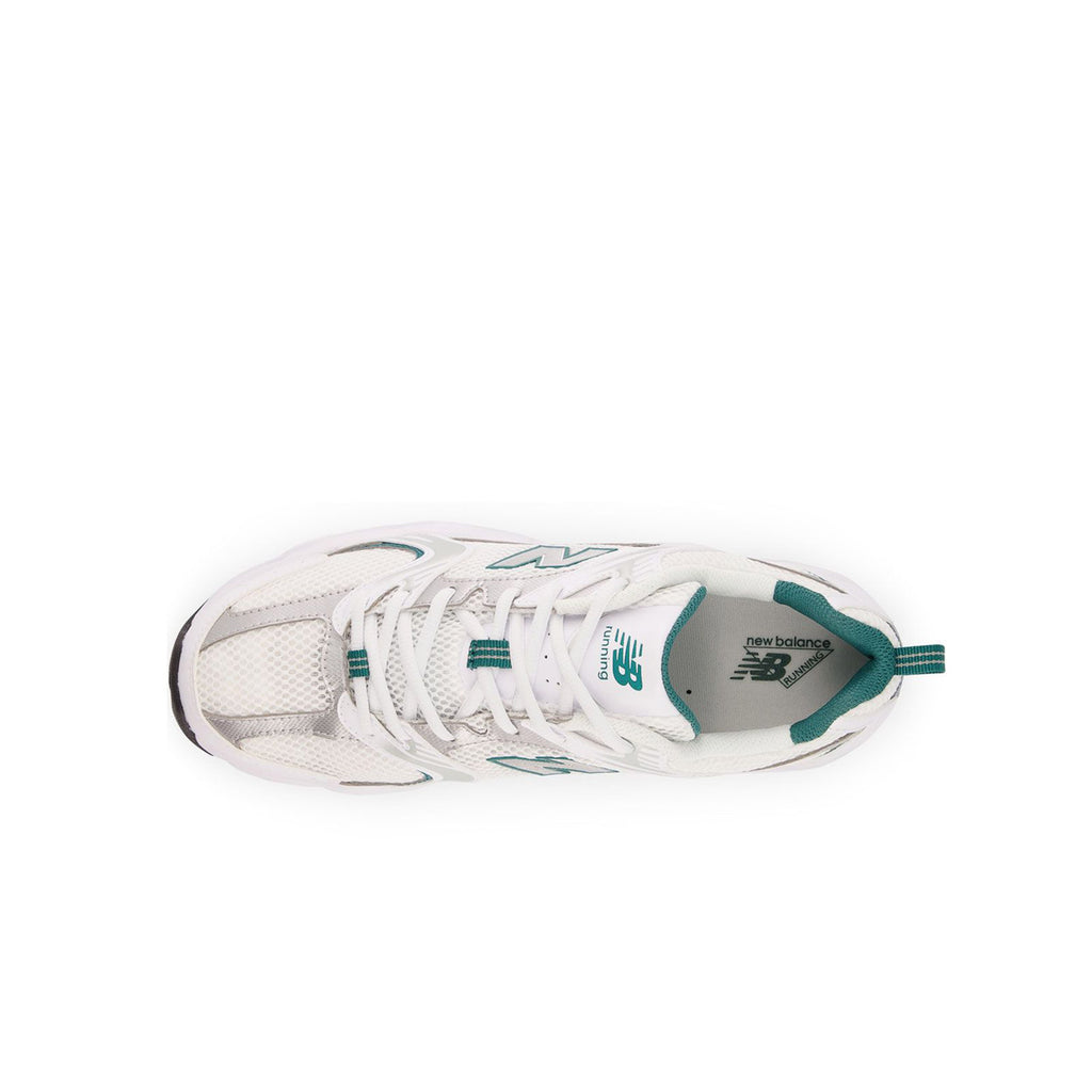 New Balance 530 AB top view – white and silver retro running sneakers with ABZORB cushioning