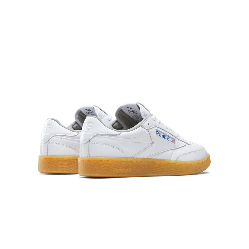 Rear three-quarter view of Reebok Club C 85 highlighting heel branding and gum sole