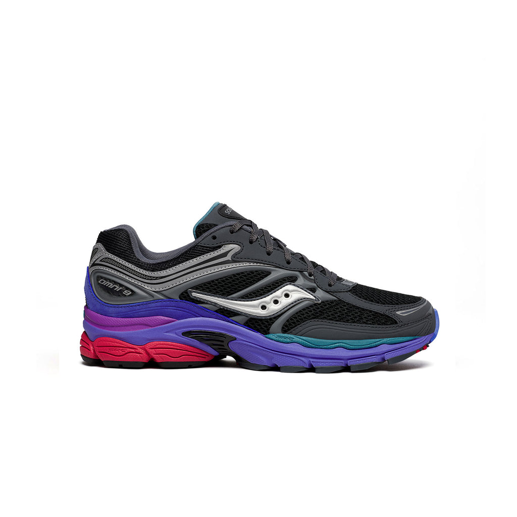 sneakers saucony progrid omni 9 noires et multicolores pour femmes et hommes vues de profil