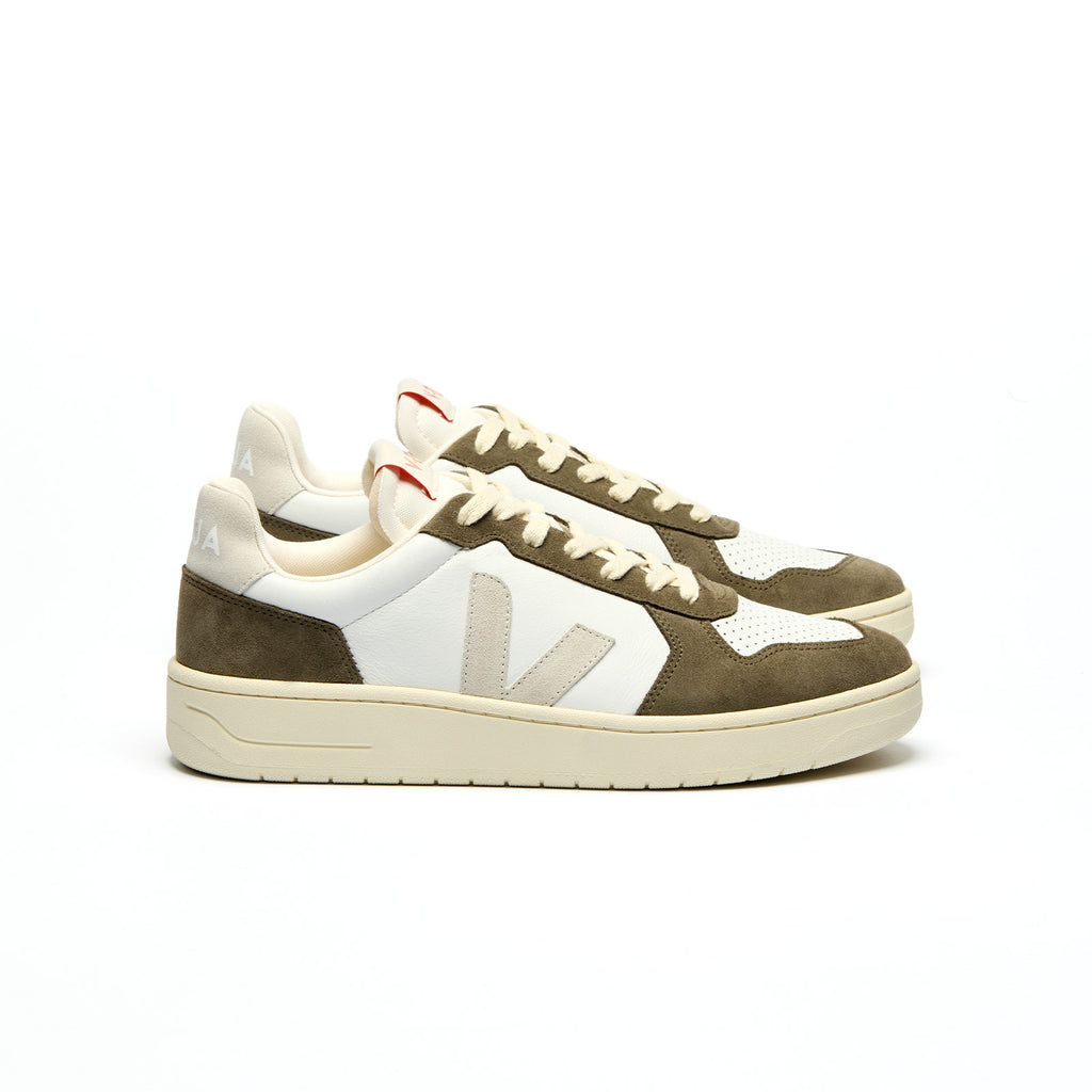 Side view of Veja V-82 Kaki – sustainable sneakers with premium leather and retro tennis-inspired design in khaki