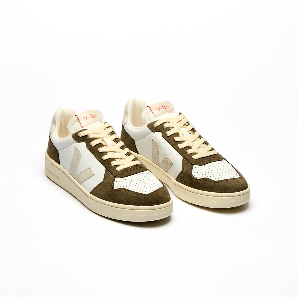 Top view of Veja V-82 Kaki – sustainable sneakers with clean lacing and classic low-top silhouette in khaki